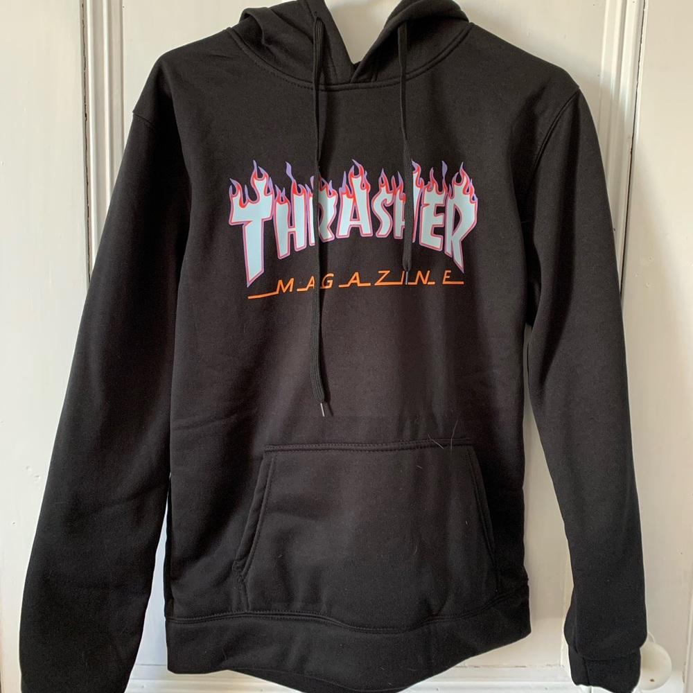 Thrasher magazine hoodie, black, is a large but fits like a small.